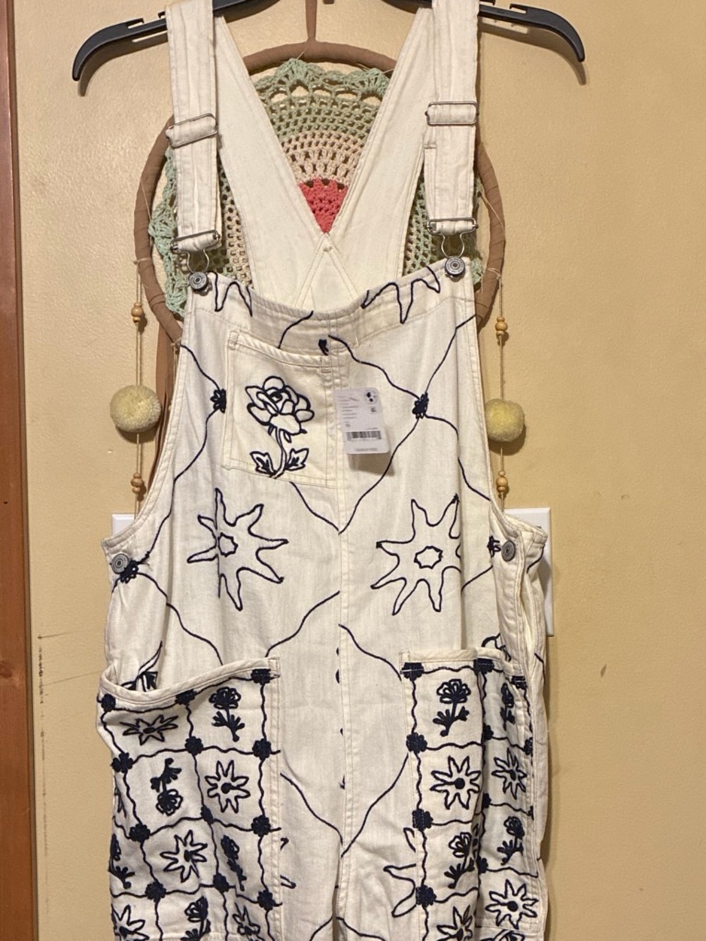 We The Free ivory overalls with Navy Floral Embroidery